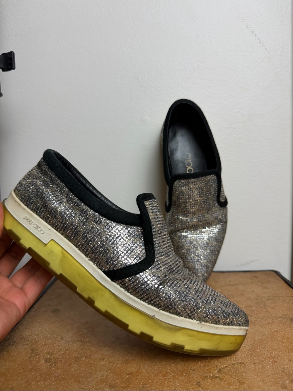 Jimmy Choo Metallic Slip-On Loafers with Yellow Sole